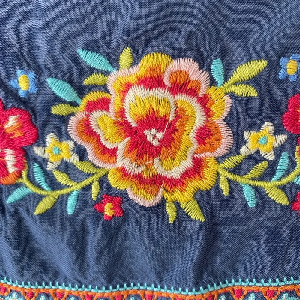 Savanna Jane Blue Floral Embroidered Boho Peasant Blouse Puff Sleeve Medium - Picture 9 of 12